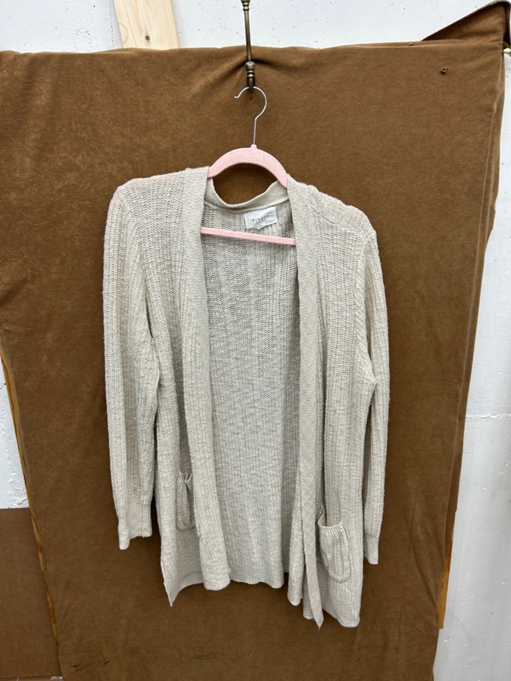 Light Oatmeal Open-Front Knit Cardigan with Pockets